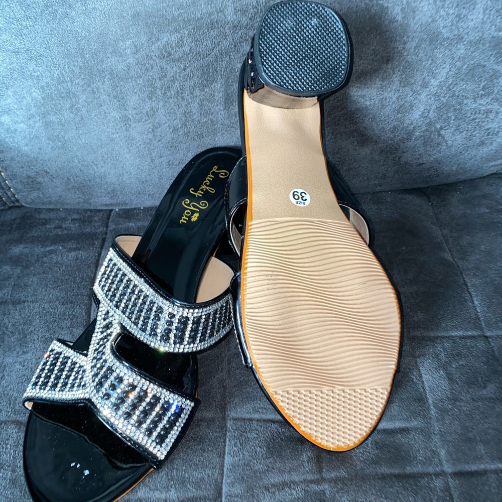 Slip on open toe chunky heel sandal jeweled - Picture 3 of 5
